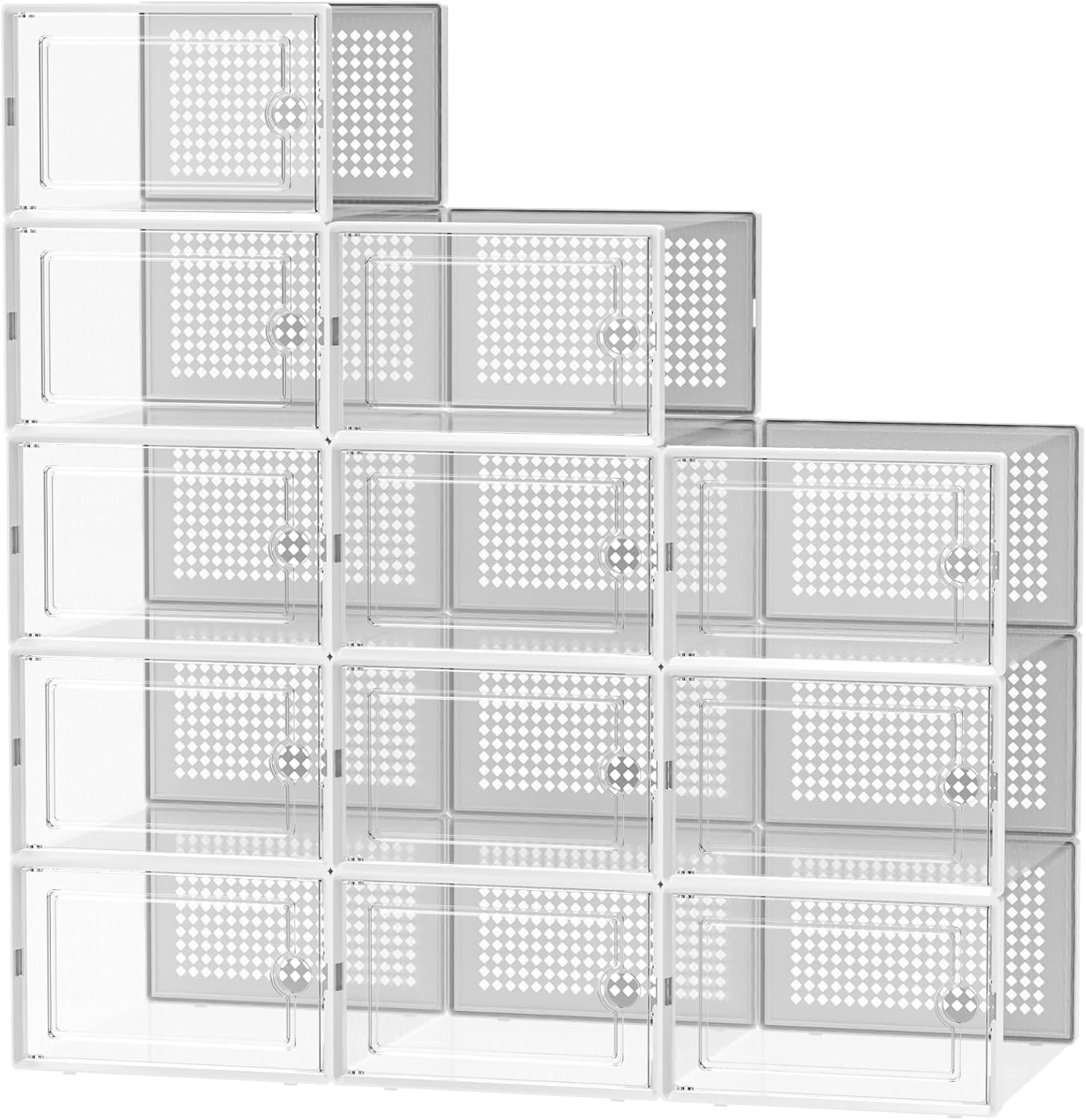 BALEINE 12 Pack Large Shoe Storage Boxes, Stackable Clear Shoe Organizer Bins, Plastic Shoe Rack Containers For Entryway, Closet, Dorm (X-Large, White) 13''x10''x6.5'' White