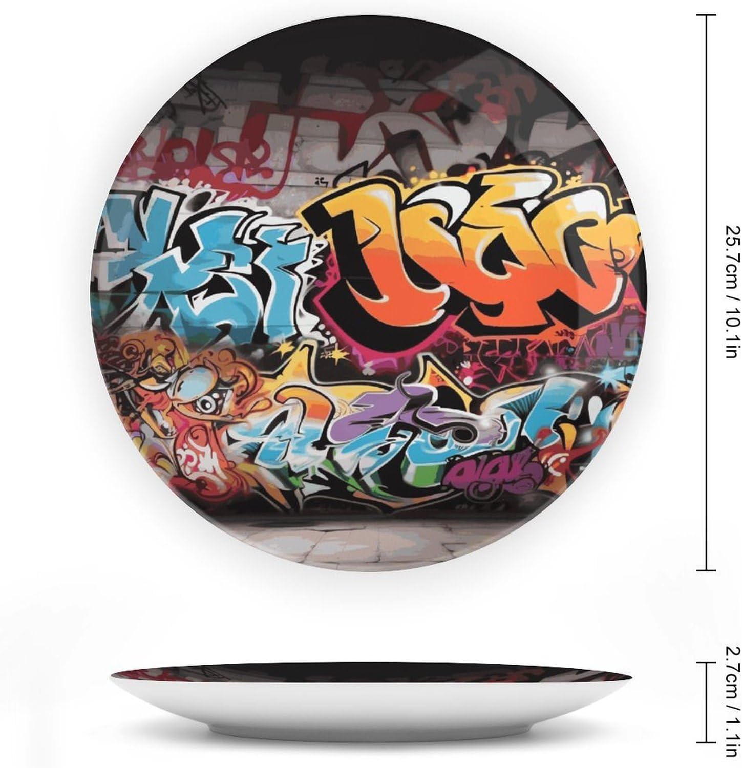 Graffiti Hip Hop Decorative Ceramic Plate Personalized Bone China Decorative Plate Round Porcelain Plates with Display Stand Cabinet Display Plates for Home Decor 10inch