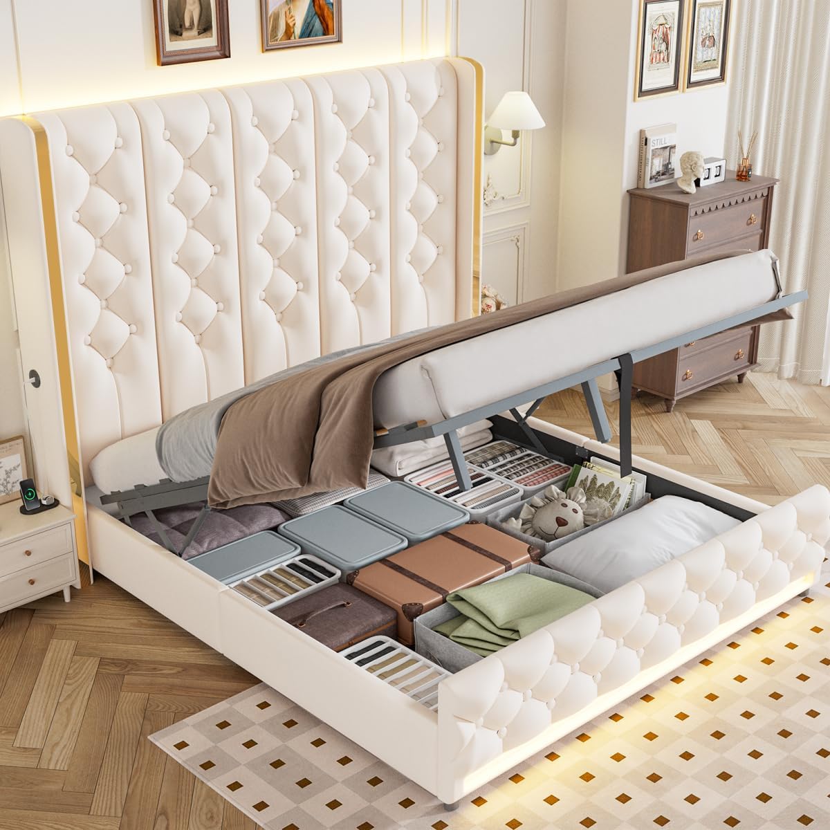 56'' Tall Hydraulic Lift Up Storage Bed Frame Queen Size, Upholstered Platform Bed with Button Tufted Wingback Headboard, LED Bed Frames with Charging Station, No Box Spring Needed, Beige