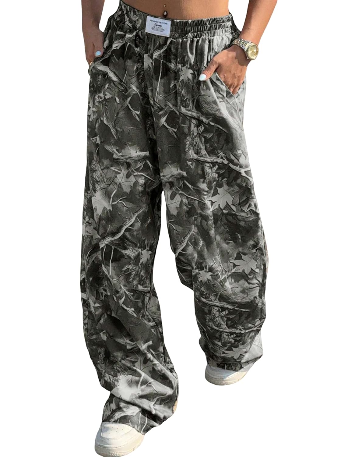 ZAFUL Womens Camo Cargo Pants Y2K Elastic High Waisted Wide Leg Casual Straight Pants Joggers Sweatpants with Patch