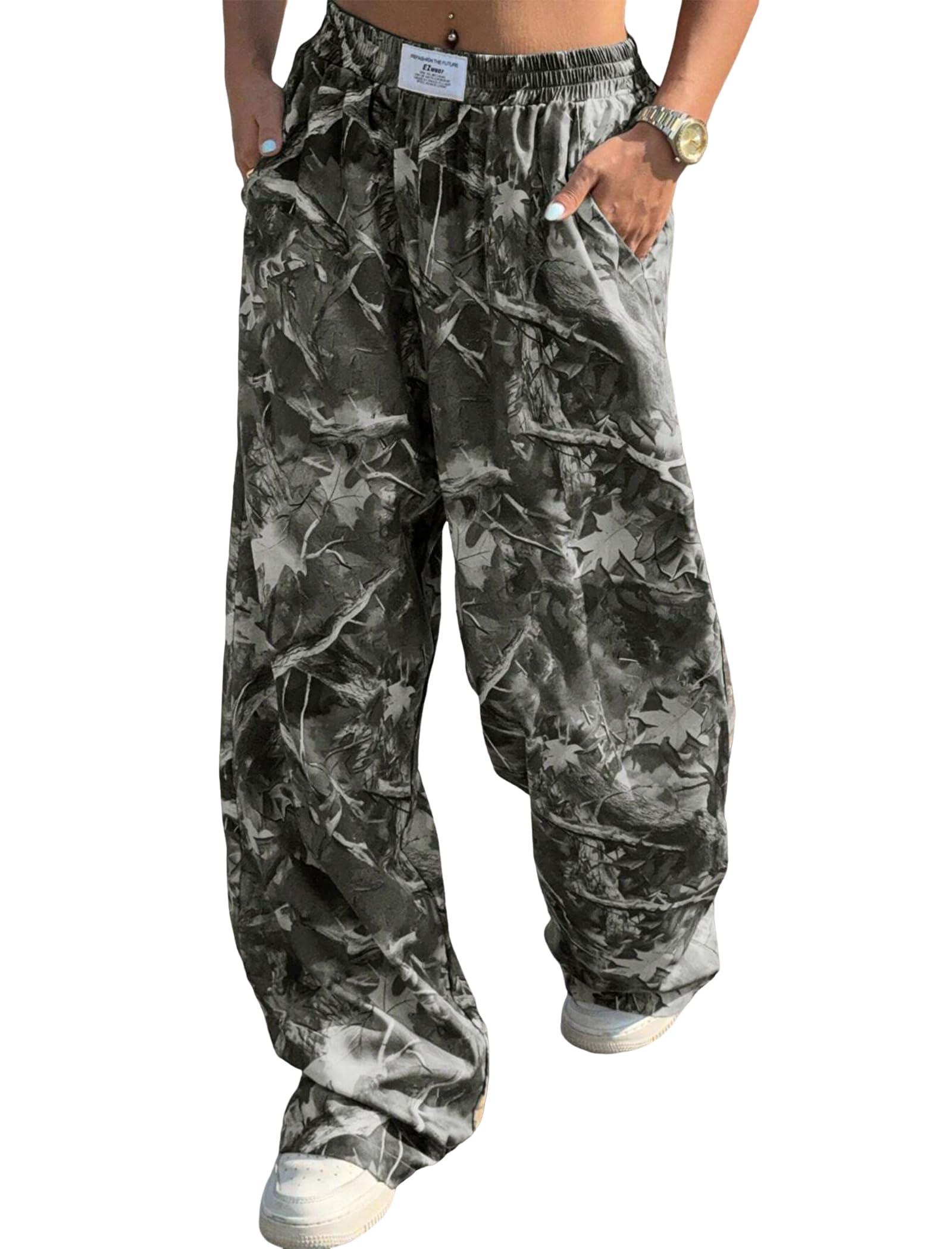 ZAFUL Womens Camo Cargo Pants Y2K Elastic High Waisted Wide Leg Casual Straight Pants Joggers Sweatpants with Patch
