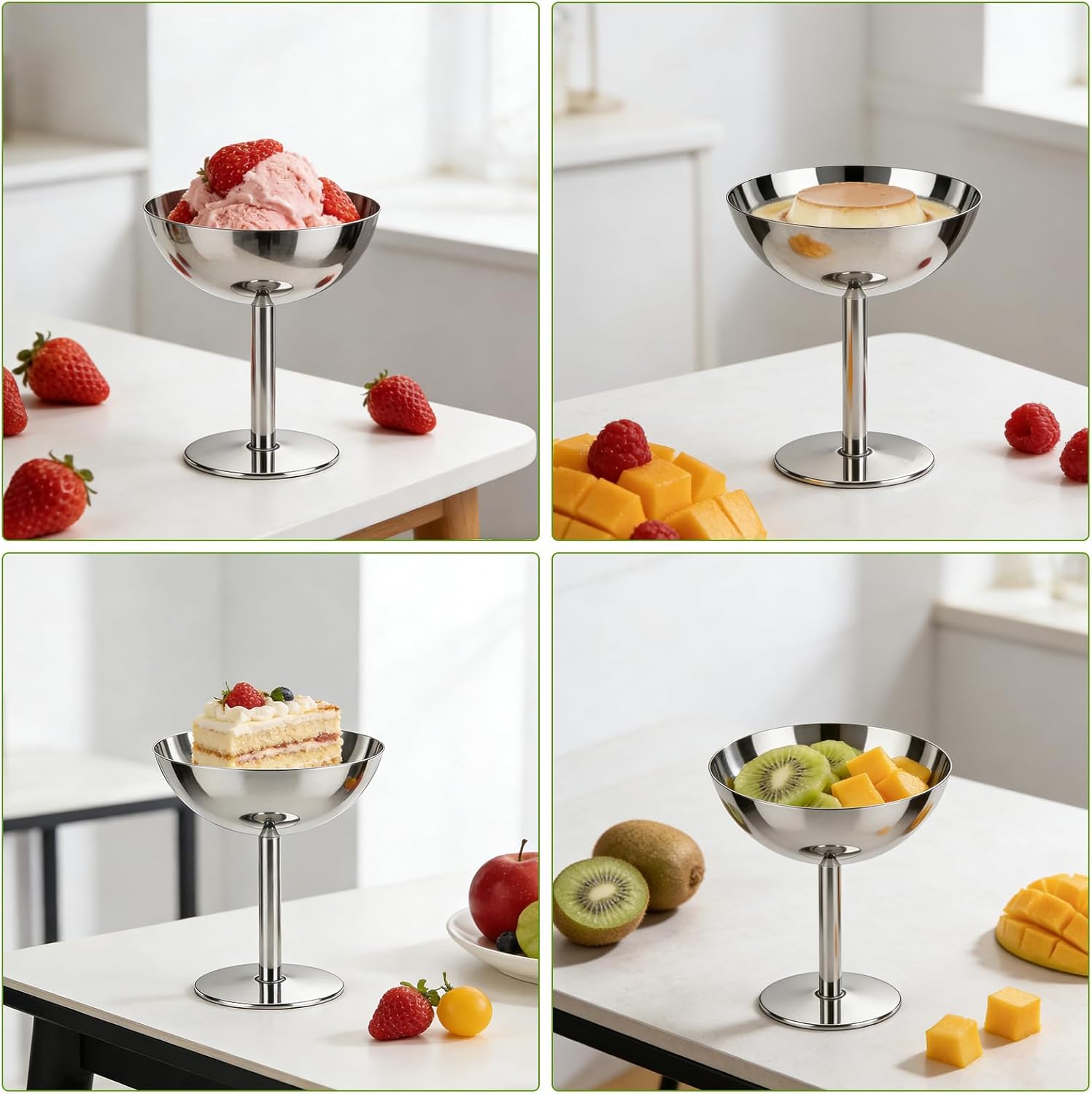 4PCS 6.7 Oz Stainless Steel Footed Ice Cream Cups - Glossy Silver Dessert Bowls Party Cups with Forks for Sundae, Fruit Salad, Snack, Yogurt,Cocktail & Summer Birthday Party