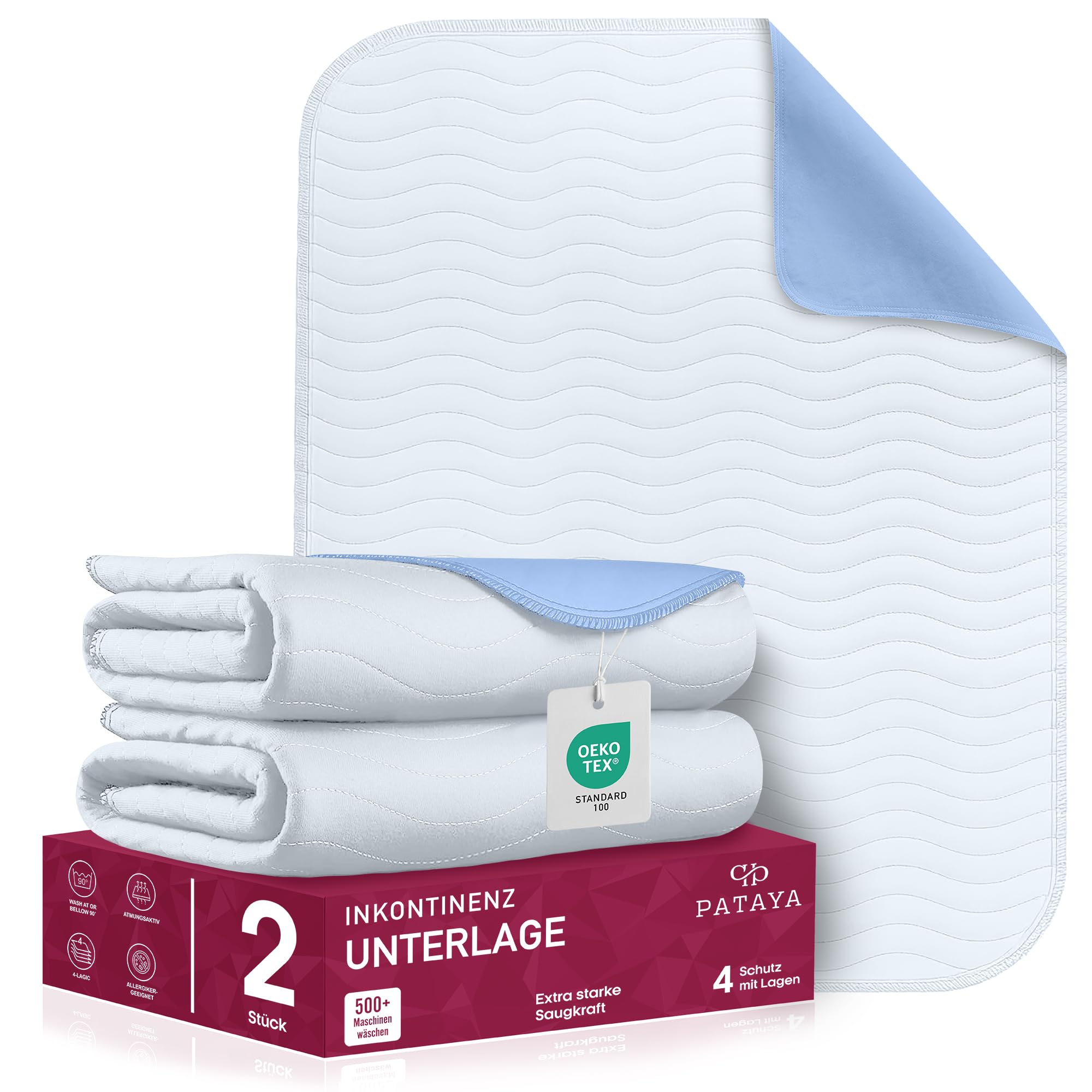 Pataya Inkontinenzunterlage waschbar 75x90 2er - wasserdichte Matratzenschoner Matratzenschutz Matratzenauflage Nässeschutz Bett Inkontinenzauflage Bettunterlage (75x90 cm - 2er)