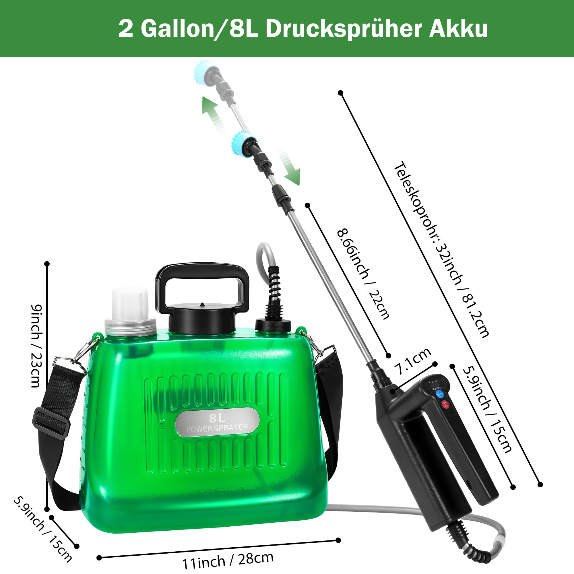 Drucksprüher Akku 8L, Elektrischer Pflanzensprüher mit 4 Nebeldüsen, Wiederaufladbarem Teleskopstab mit 3 Gang Einstellung, LED Anzeigetafel, Gartenspritze Sprühgerät Pflanzensprüher (Grün)