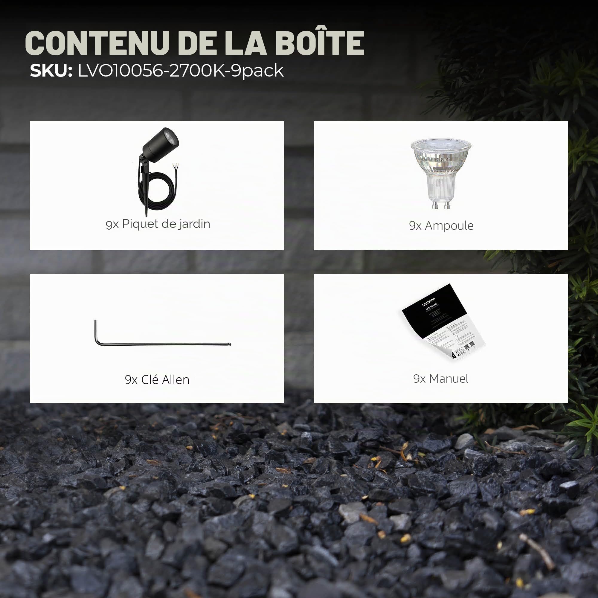 Ledvion Lot de 9 LED Extérieur Spot IP65 3W 2700K GU10 dimmable piquet