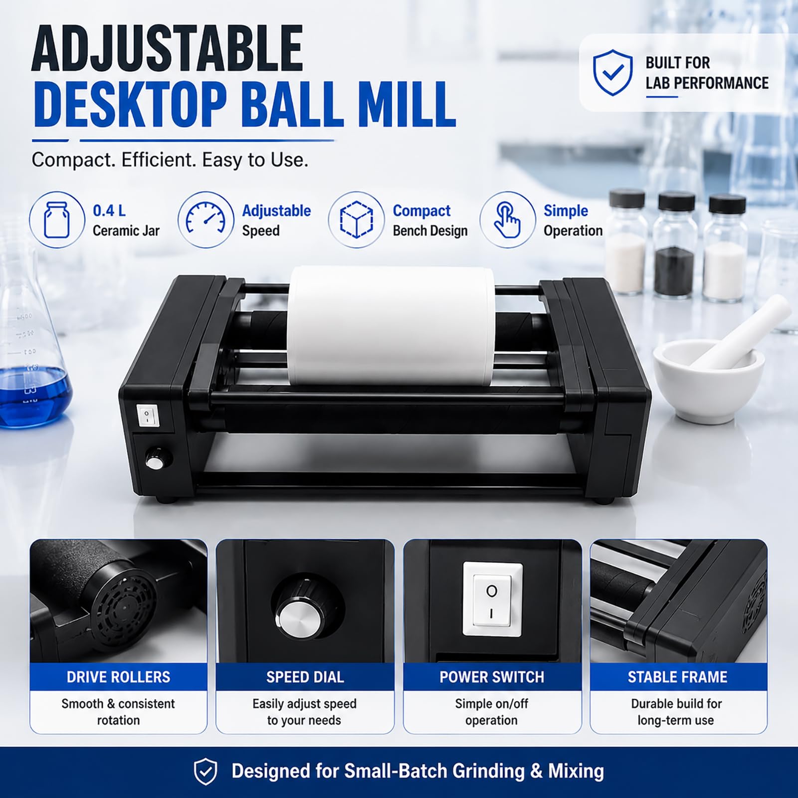 Labor-Desktop-Kugelmühle, Mahlkapazität 30–150 Ml | Horizontale Kugelmühlen-Poliermaschine mit0,4-l-Keramikbehälter,Timer und einstellbarem Geschwindigkeitsmischer zum Schleifen