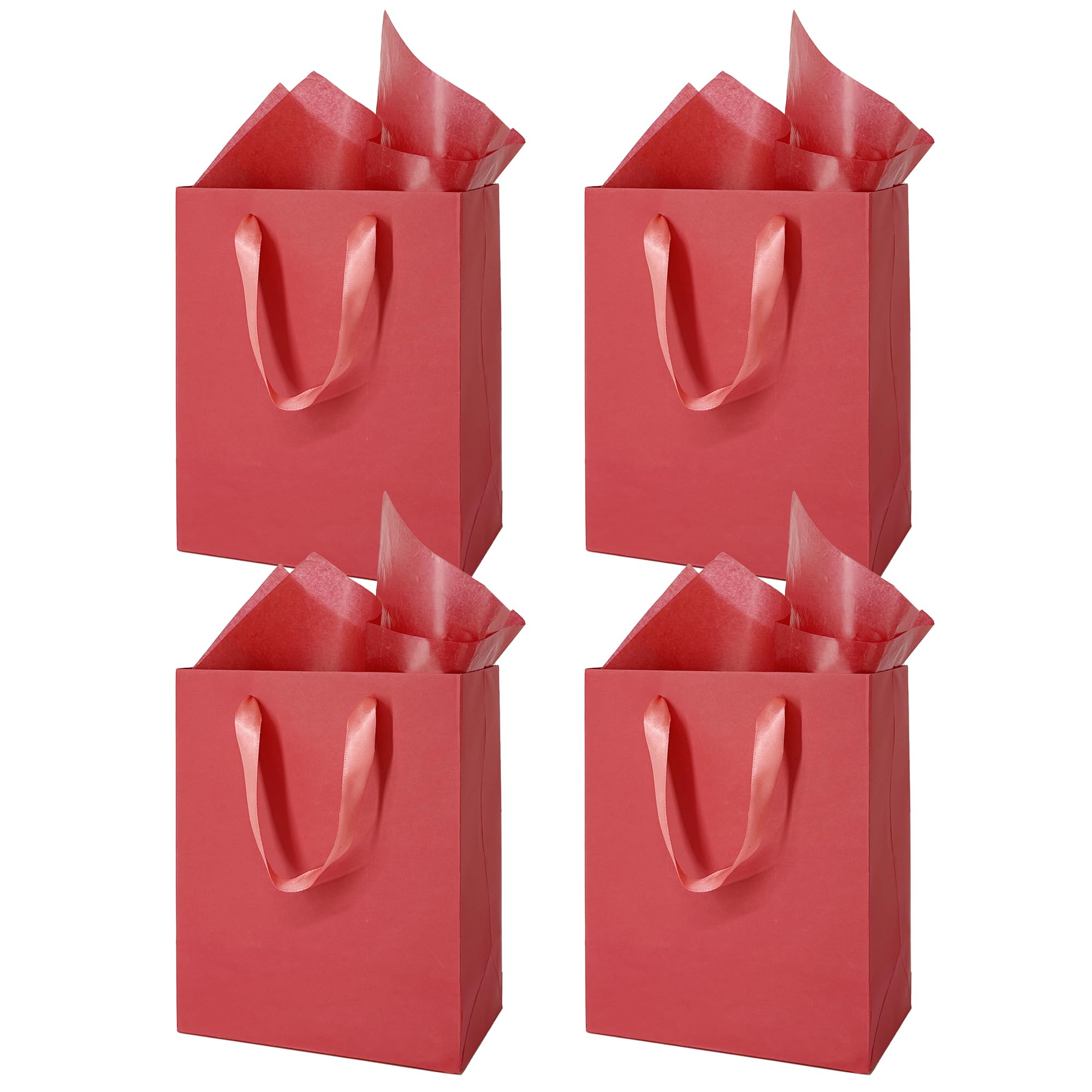MOXARYSU 4 Pcs Medium Red Gift Bags: 8x5x10 Inches Gift bags With Handles Party Favor Bags With 8 Tissue Paper For Party,Birthday,Baby Shower,Wedding（Red）