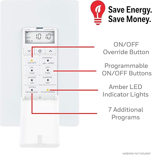 Miniatura 3 de UltraPro Daysmart Temporizador digital de 7 días de pared, ajustes programables, ajustes preestablecidoscuenta regresiva, anulación, salidapuesta