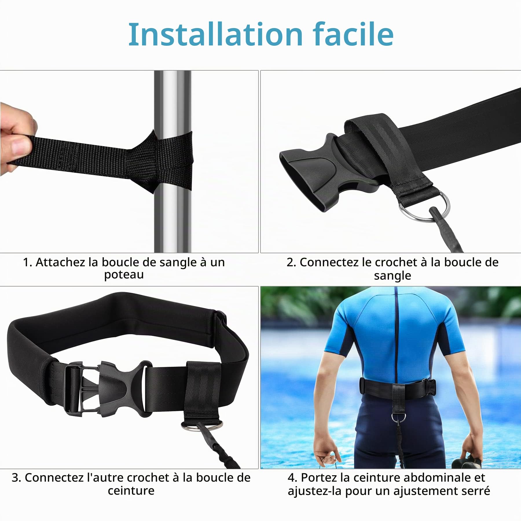Hikeen Ceinture d'entraînement de Natation, Sangle de 4 m pour Nager en Place, Harnais Stationnaire, Ceinture de résistance Aquatique