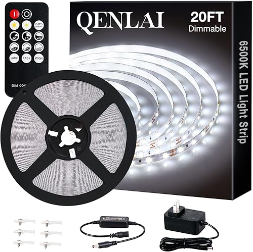 Tira de luces LED blancas de 20 pies, luces de cinta regulables de 6500 K mejoradas con control remoto y enchufe, 12 V, 360 LED, tiras de luz LED