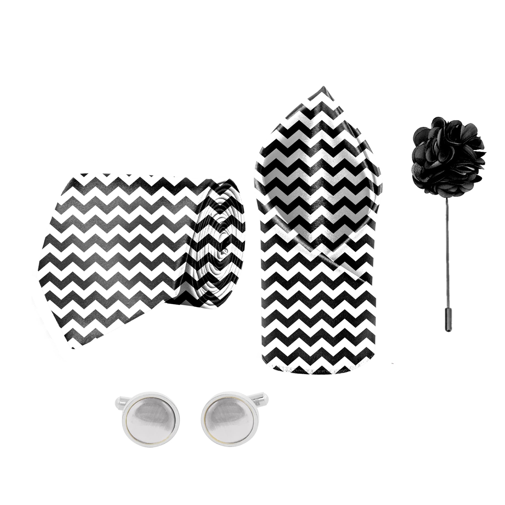 blacksmith Black & White Chevron Printed Tie, Pocket Square, cufflink & Lapel Pin Set for Men-picture-30