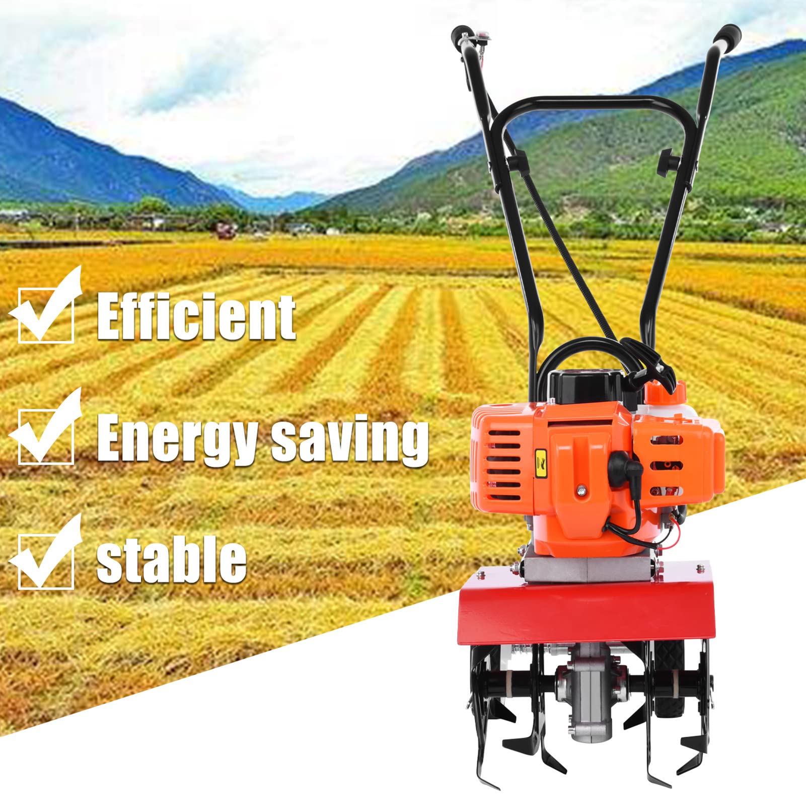 Cultivador de gasolina de 52 cc, rotavator de jardín alimentado por gasolina 3HP 9000 rpm, motor de 2 tiempos de 6 pulgadas de profundidad de trabajo para jardín y césped, excavación,