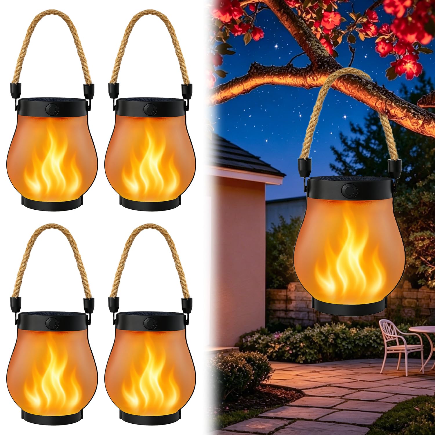 4 Pack Solar Lanterns Outdoor Waterproof, Solar Flame Lanterns with 2 Modes | Ultra-Real…