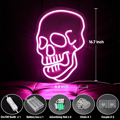 Miniatura 3 de Arte de pared de calavera rosa, decoración de letrero de neón de Halloween, decoración de pared con alimentación USB y batería, letrero de luz de
