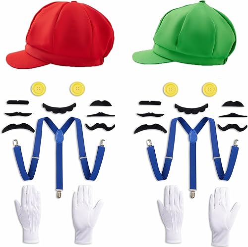 Accesorios de disfraz de Super Bros para adultos, sombrero de fontanero, disfraz con bigotes y tirantes, guantes para cosplay, rojo y verde, edad
