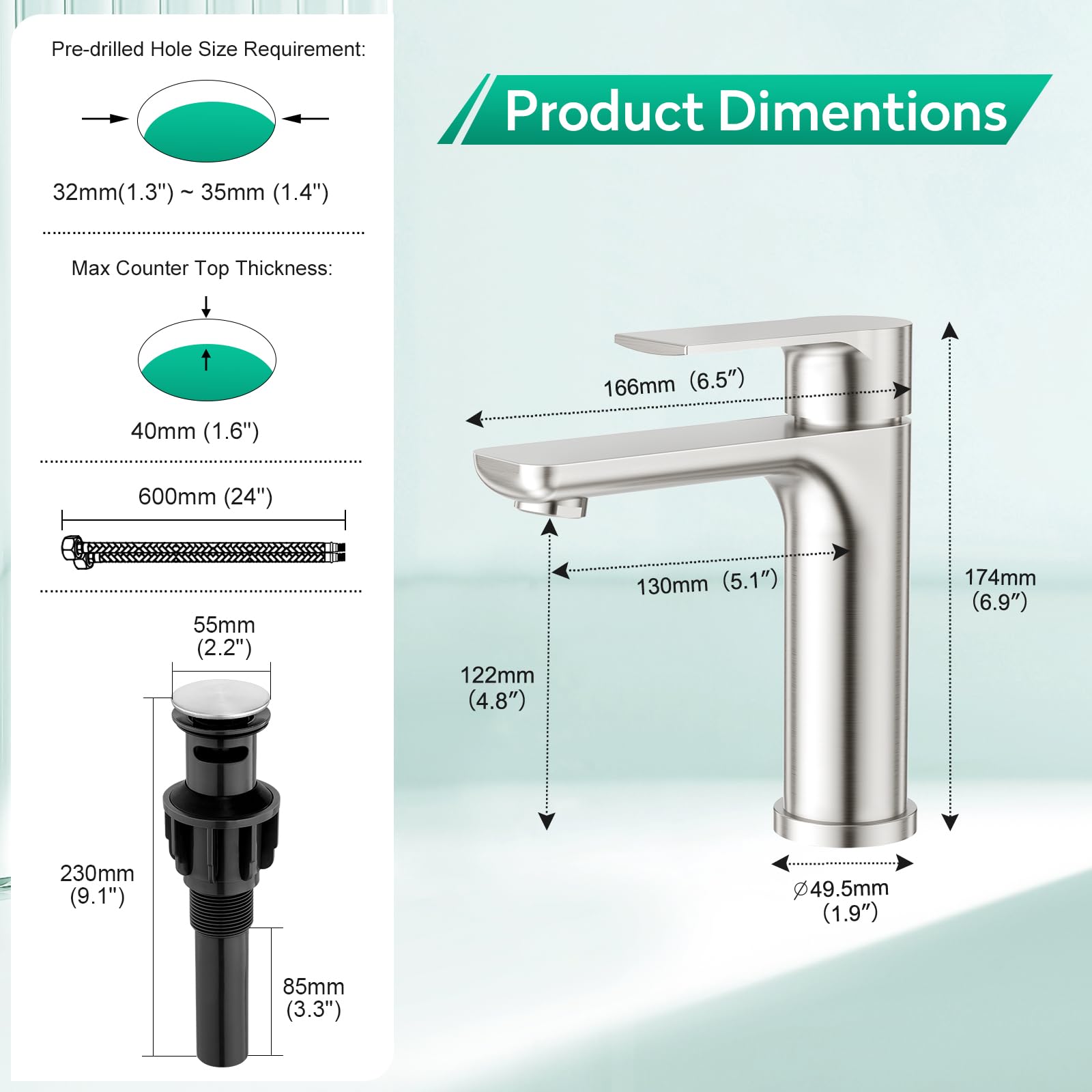 CREA Grifo de baño, grifo de lavabo con desagüe, grifo mezclador de ahorro de agua, grifo de alta presión para baño, grifo monomando de lavabo de acero inoxidable cepillado
