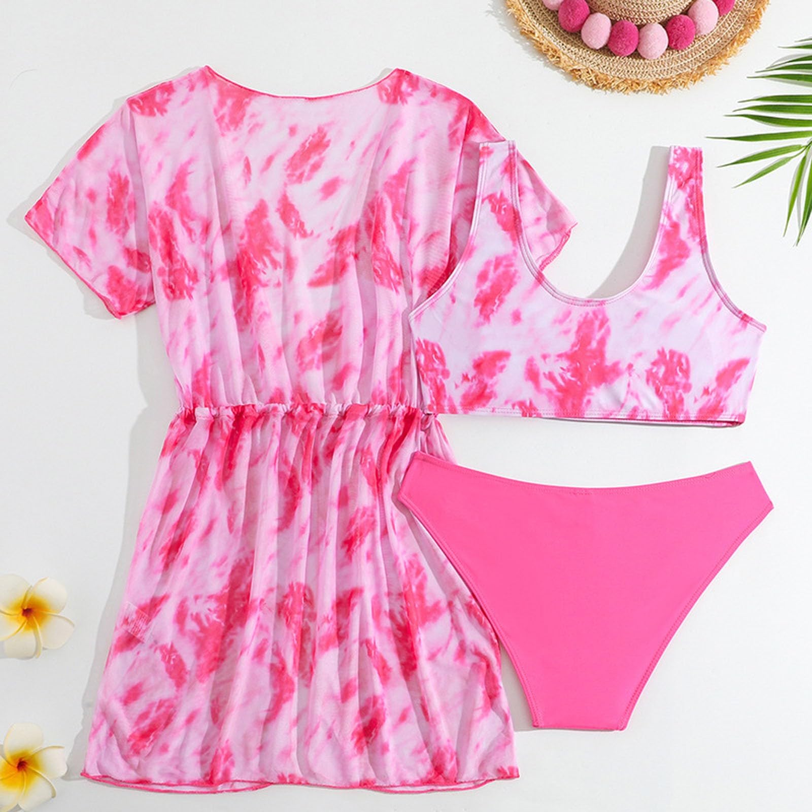 Conjunto de bañador para niña de 3 piezas con estampado floral para niñas con funda y traje de baño separado, UPF 50+, traje de baño para playa y piscina
