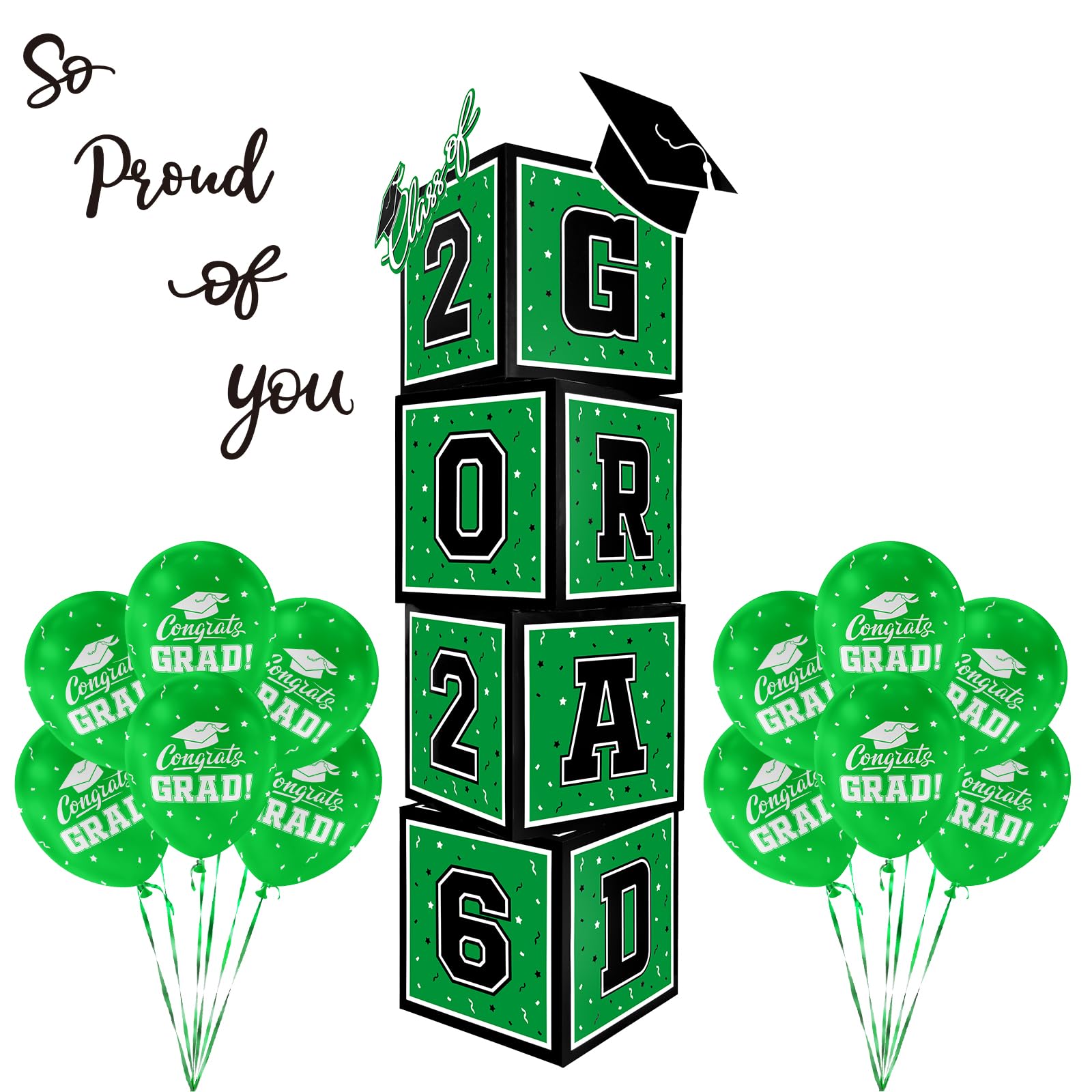 2026 Graduation Decorations Set - So Proud of You - Class of 2026 Balloon Boxes for Memorable Grad Party Supplies, Indoor/Outdoor Congrats Grad Home Door Décor Essentials（ green and black）