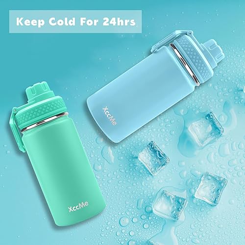 Miniatura 5 de XccMe Botella de agua para niños de 12 onzas, 4 tapas, paquete de 2 botellas de agua para niños y escuelas, botella de agua metálica para niños,