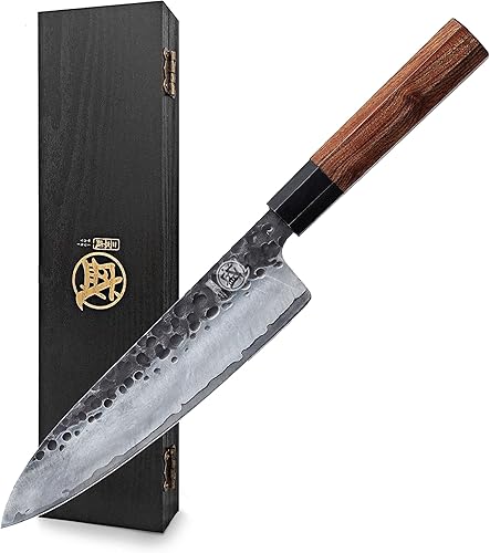 Vista 10 de MITSUMOTO SAKARI - Cuchillo de chef Santoku de 7 pulgadas - Cuchillos de cocina japoneses forjados a mano, acero de alto carbono de 3 capas