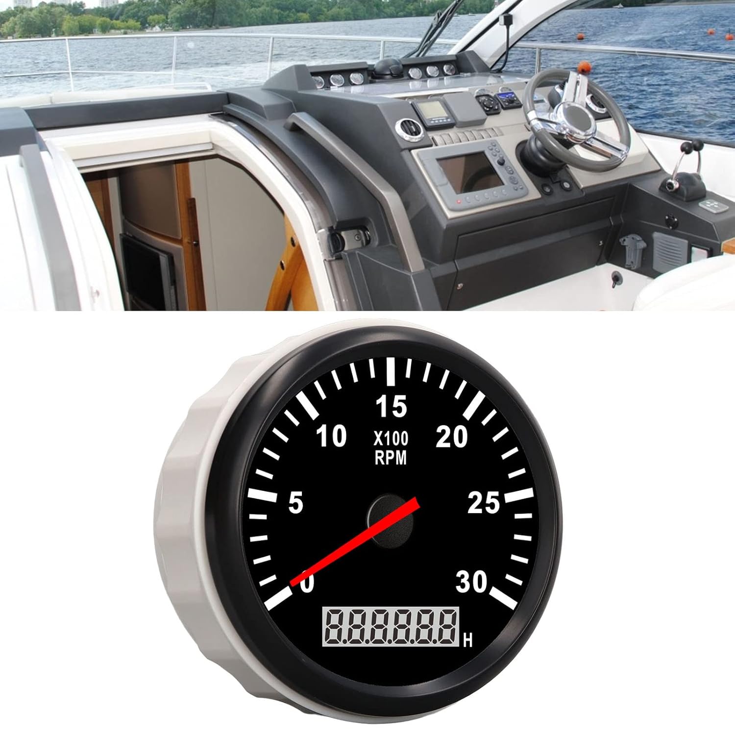 Tachometer installed in a boat dashboard