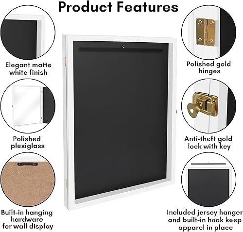 Miniatura 2 de Americanflat Vitrina con marco de jersey en color blanco, caja de sombra de plexiglás con cerradura de 23 x 31 pulgadas, marco de exhibición de