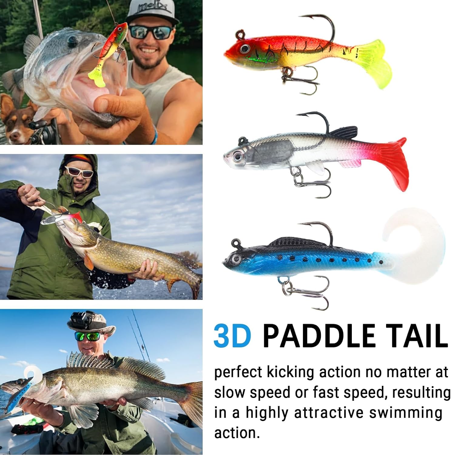 Paddle Tail Swimbaits 15PCS Pre-Rigged Soft Plastic Lures with Jig Heads | swimbait set with jig heads and tackle box, 6 styles lifelike paddle trolling tails for bass fishing in freshwater saltwater