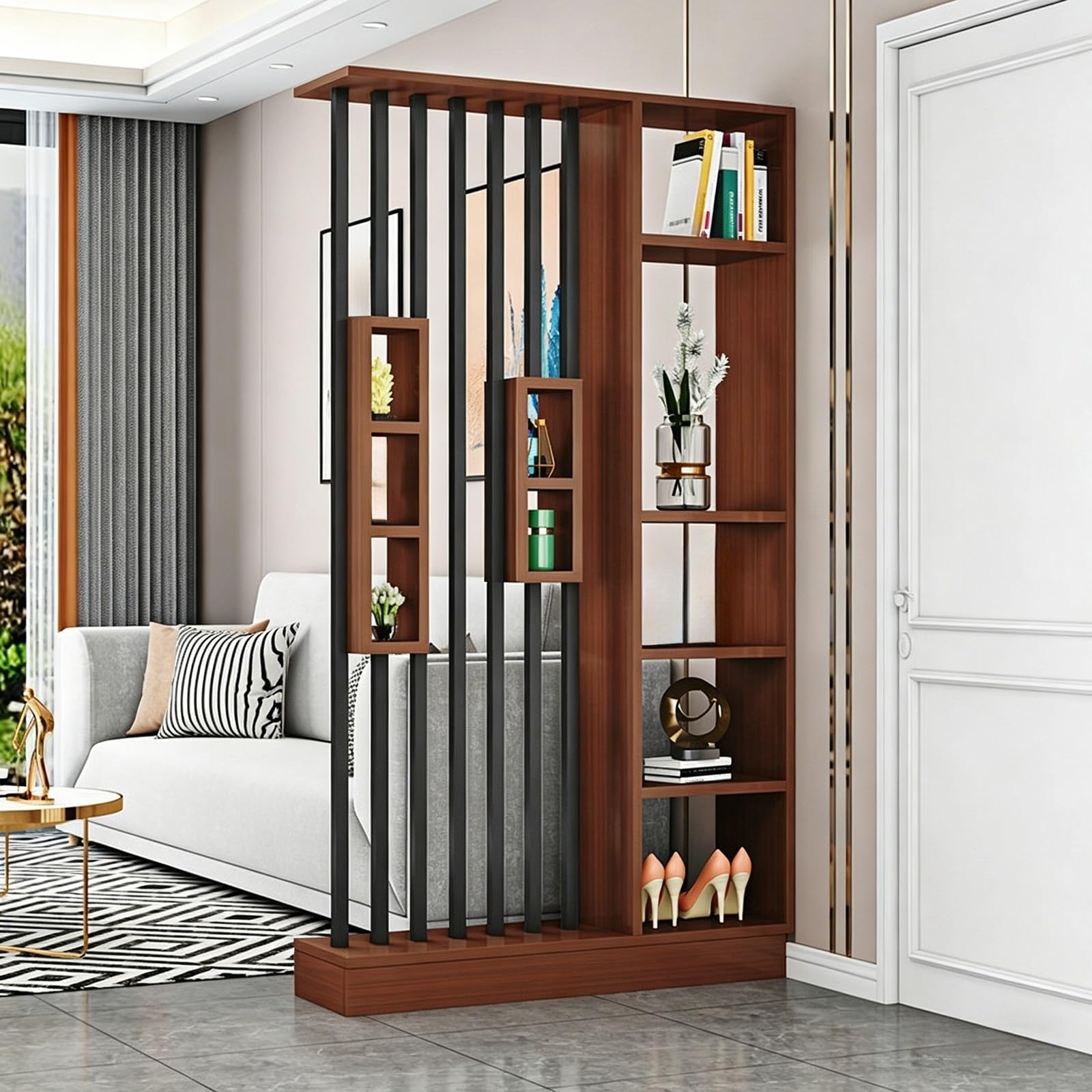 Wall Room Divider, Freestanding Entryway Partition with Open Storage Shelves, Modern Slatted Privacy Screen for Living Room and Hallway(Black+Teak,100cm/39.4in)