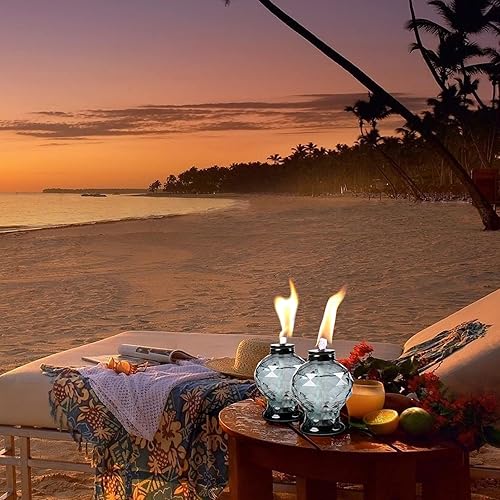 Miniatura 7 de Tewei Paquete de 4 antorchas de luz azules para mesa al aire libre, mini linternas de cristal para exteriores, linterna de citronela fácil de