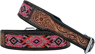 Leather Dog Collar Medium Size Western Style Heavy Duty Hand Tooled Adjustable Beaded and Padded Soft for Puppies and Big Dogs 10AB030-M