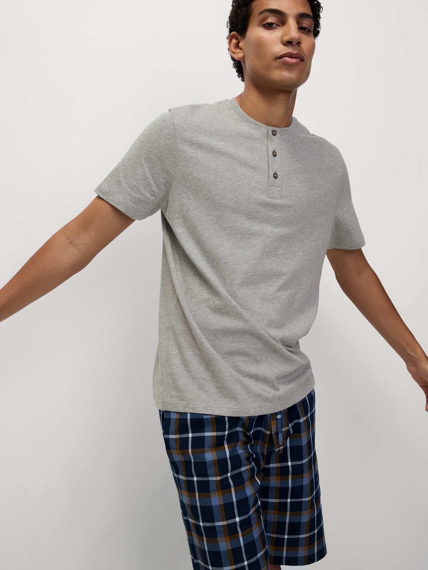 Marks & Spencer Pyjama Col Henley à Carreaux Homme en Pur Coton, Coupe Standard, Taille à Cordon, avec Poches