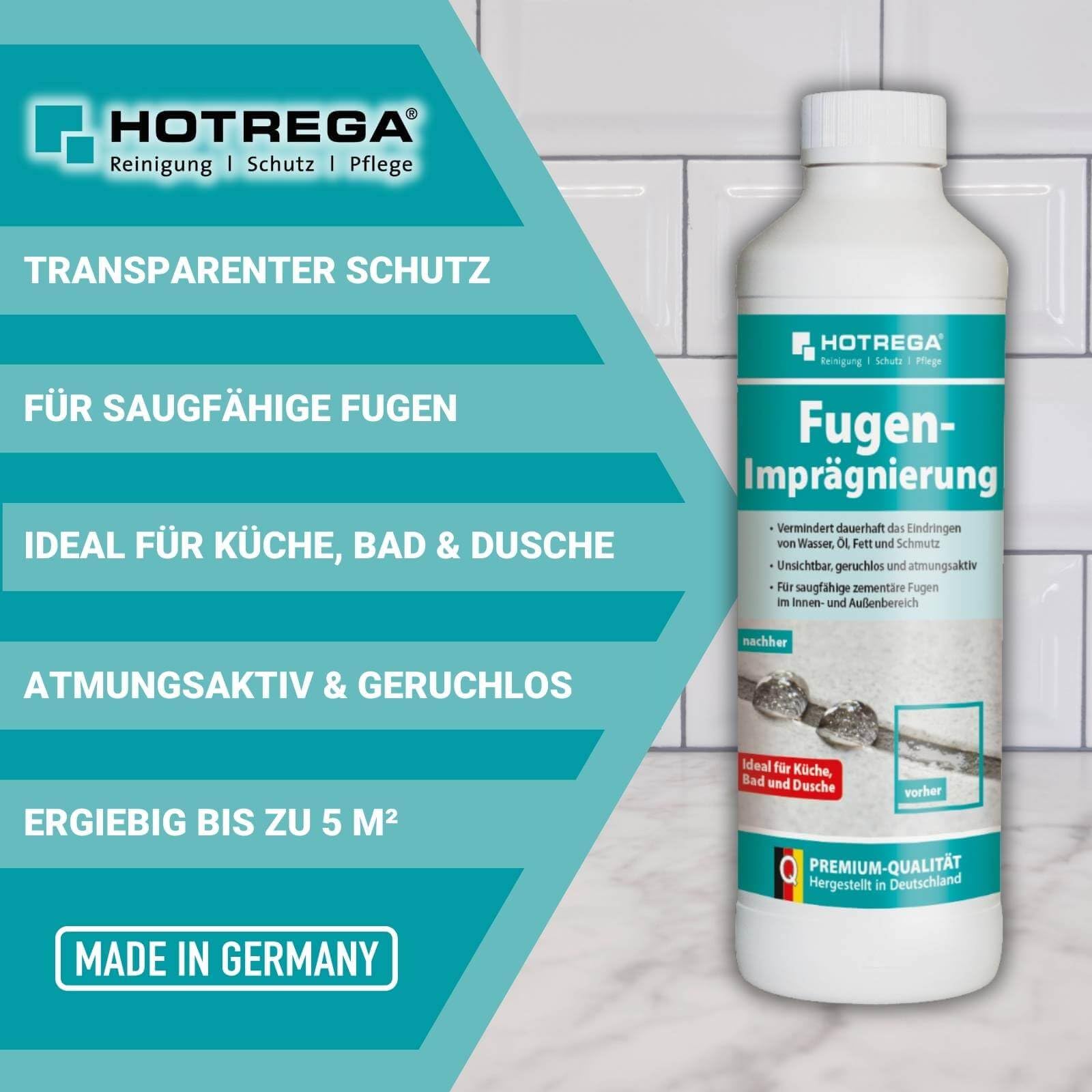 HOTREGA Fugenreiniger 500ml + Fugenimprägnierung 1L | Set für zementäre | Tiefenreinigung & Schutz | Unsichtbare Versiegelung gegen Kalk, Fett, Nässe | Ideal für Bad, Dusche, Küche | Lösemittelfrei