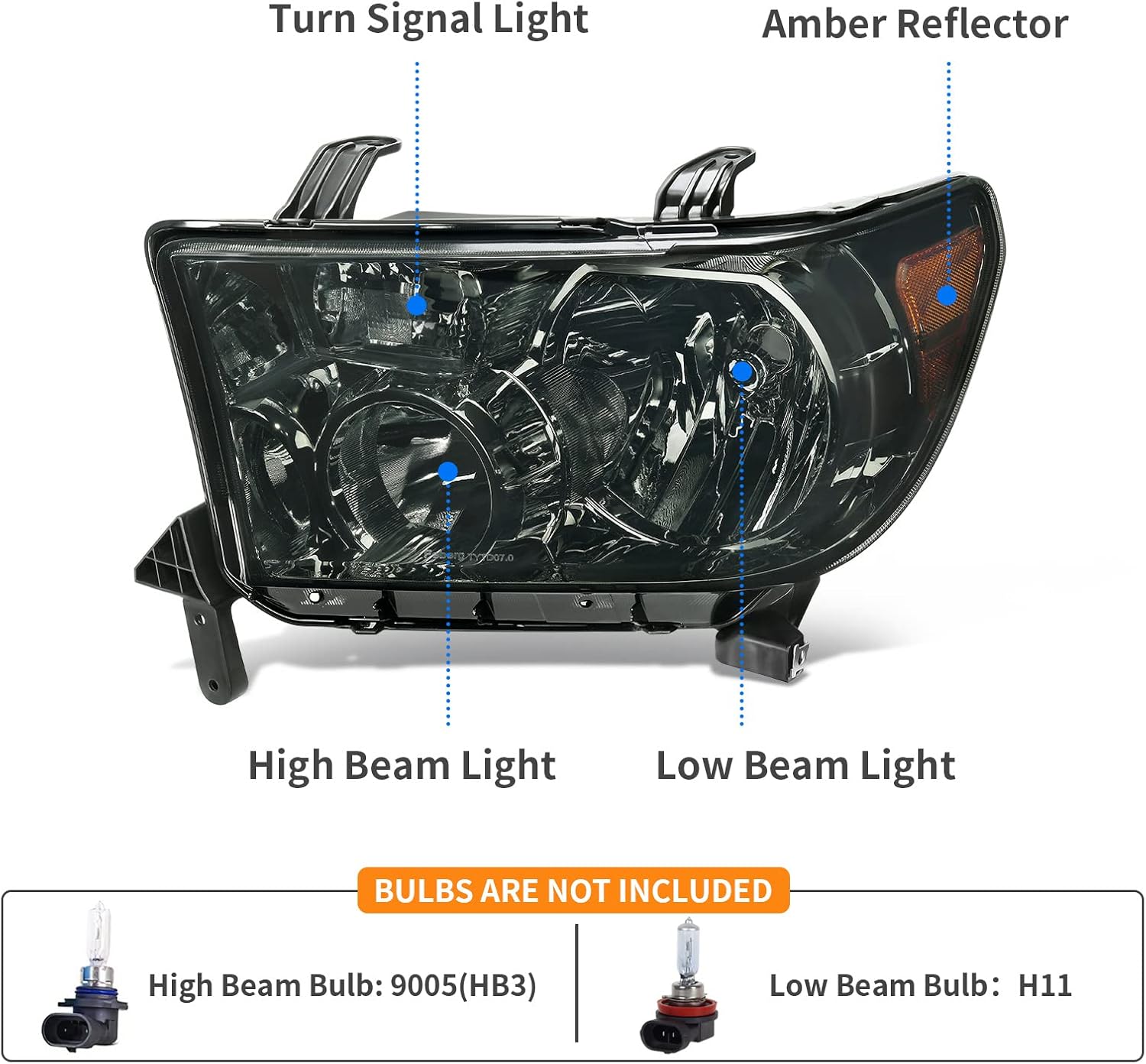 DWVO Headlight Assembly Compatible with 2007-2013 Tundra 2008 2009 2010 2011 2012 2013 2014 2015 2016 2017 Sequoia (Smoke Lens Amber Reflector)