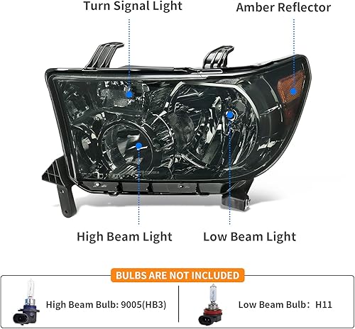Miniatura 4 de DWVO Conjunto de faros delanteros compatible con Secuoya 2007-2013 Tundra 2008-2017 (reflector ámbar lente ahumado)