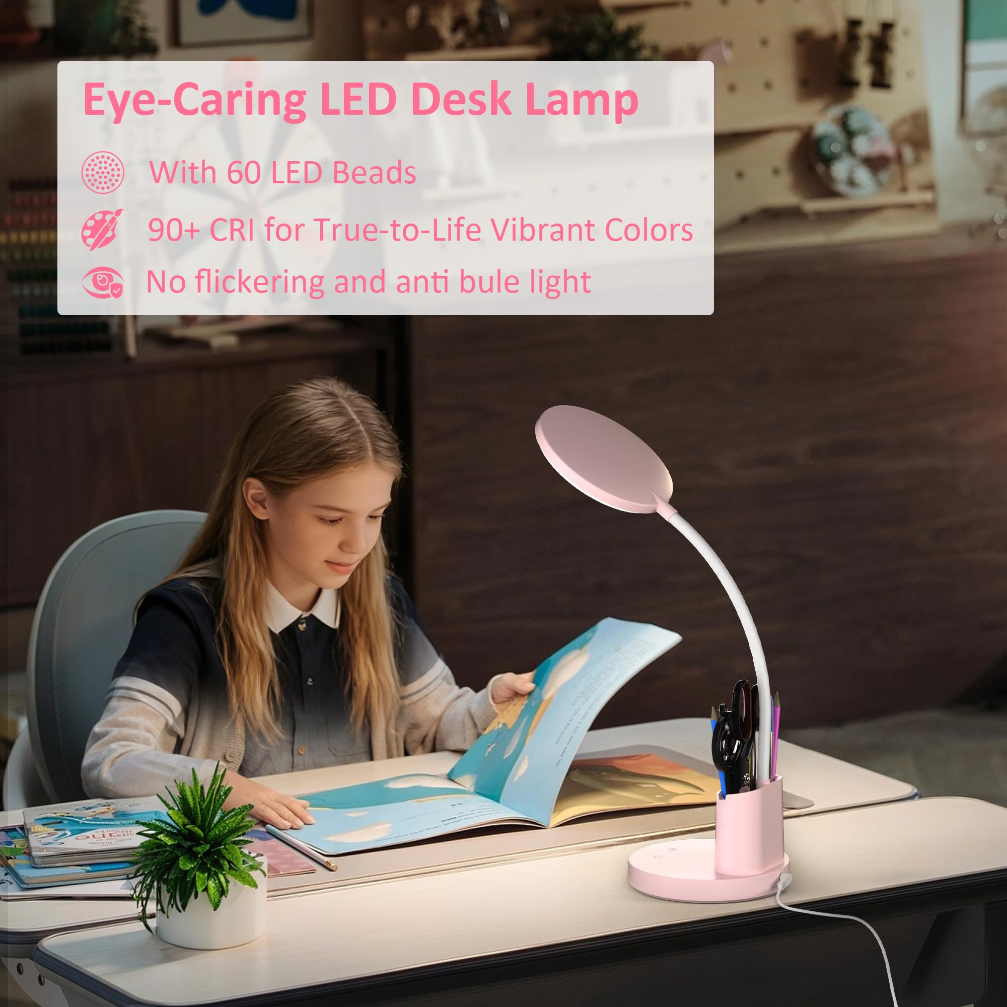 Schreibtischlampe, LED-Schreibtischlampen für Heimbüro, Touch-Tischlampe mit 3 Farbmodi, 360° verstellbarer Arm, dimmbare Schreibtischlampe mit Stifthalter, für Studentenwohnheim, Rosa