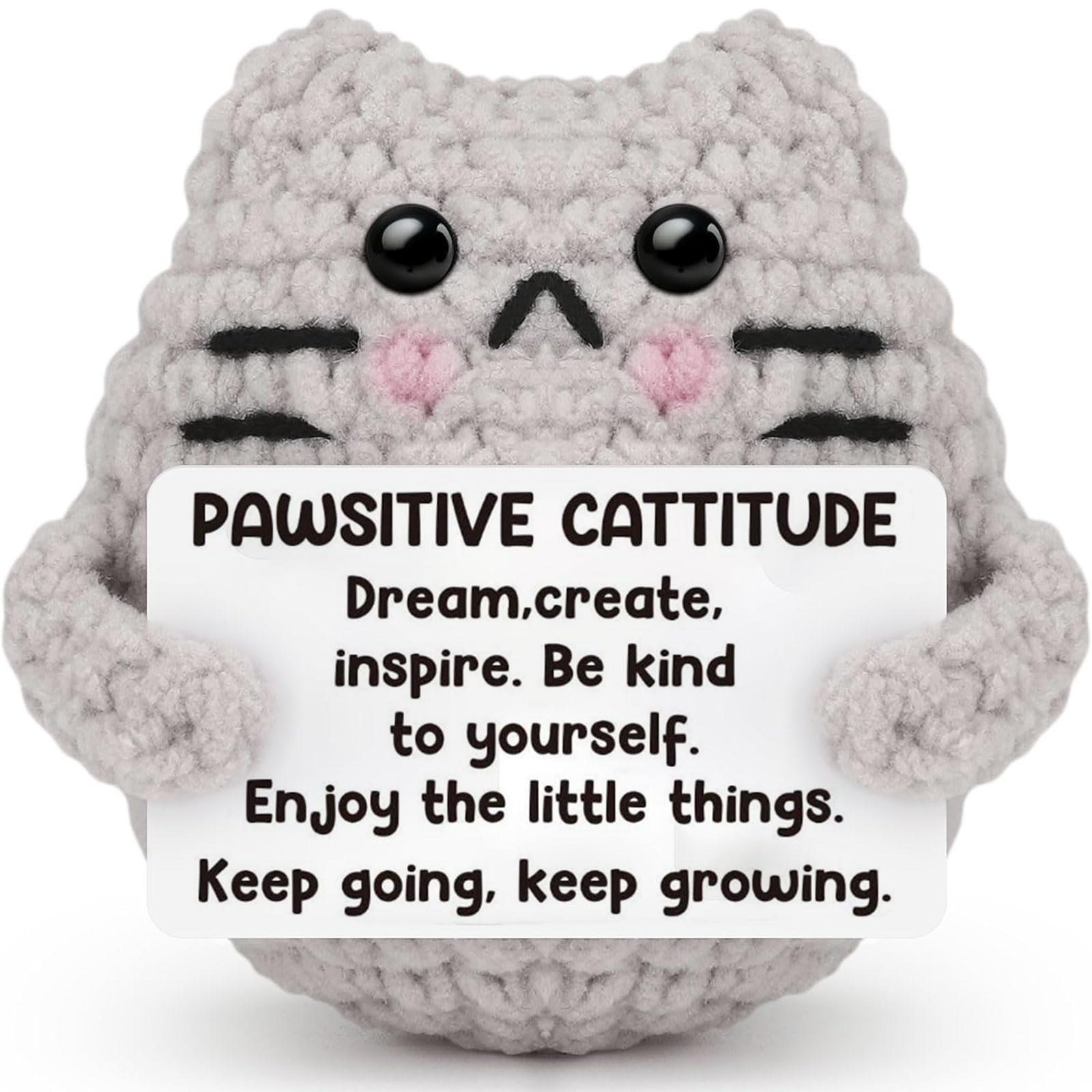 Grappige Positieve Kat, 9,5cm Creatieve Schattige Gebreide Kattenpop met Inspirerende Kaart Gelukscadeau Kat Gehaakt voor Pluche Verjaardagscadeau Feestdecoratie Aanmoediging