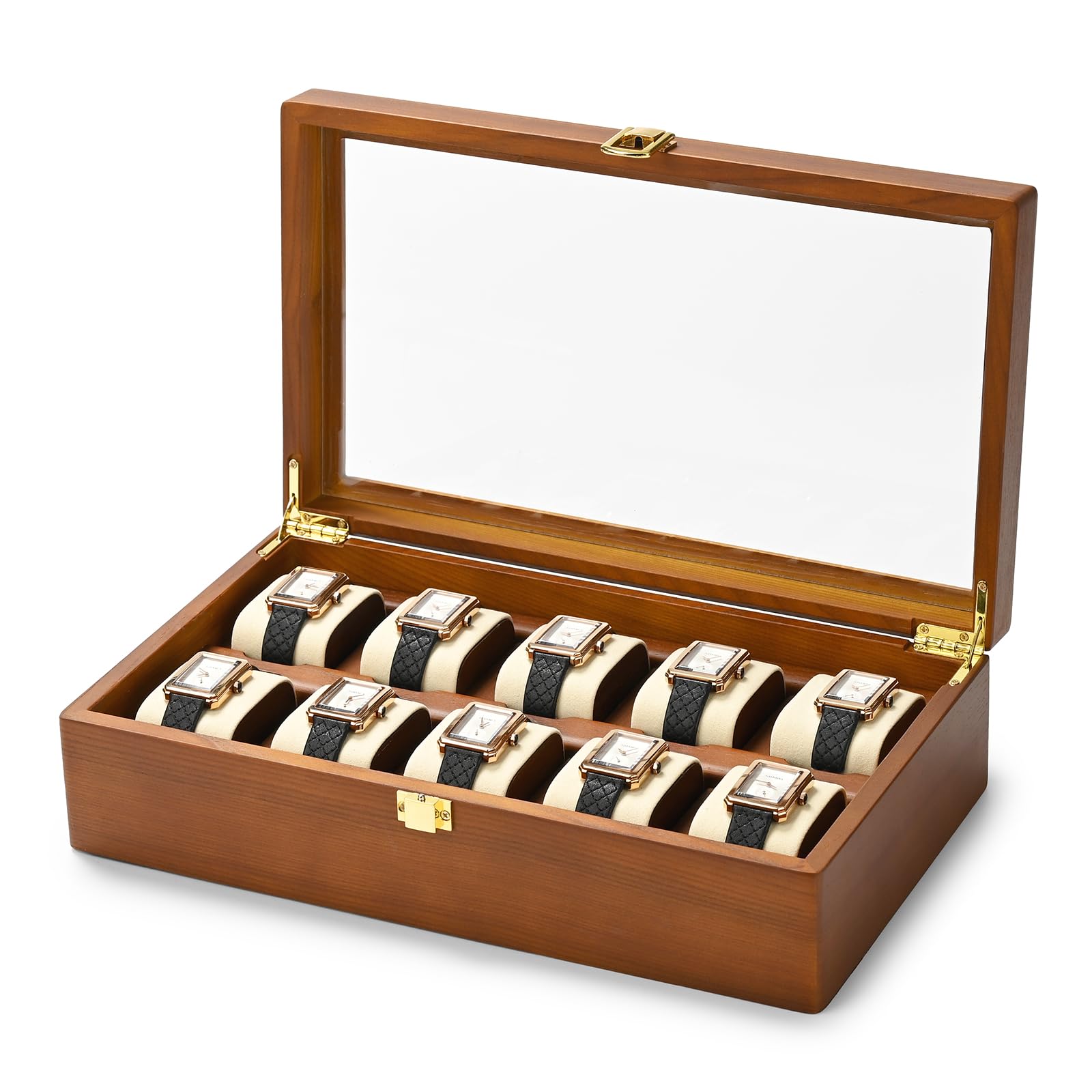 Oirlv Boîte De Montre En Bois Massif Organisateur Avec Couvercle 10 Montres De Stockage Boîte De Montre Avec Coussin Amovible,Rangement Montres(Blanc Crème)