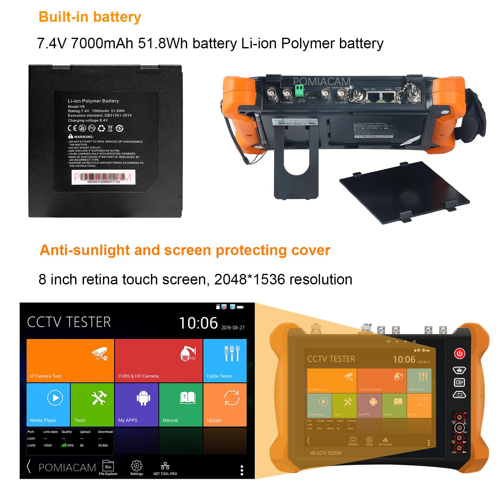 Tester CCTV X9MOVTADHS HD CCTV Tester, monitor da 8 pollici, Blackout HD CCTV Tester, 8MP CVI TVI AHD 8MP EX-SDI HD-SDI 3G-SDI Tester IP, supporto telecamera RJ45 Cavo TDR Test