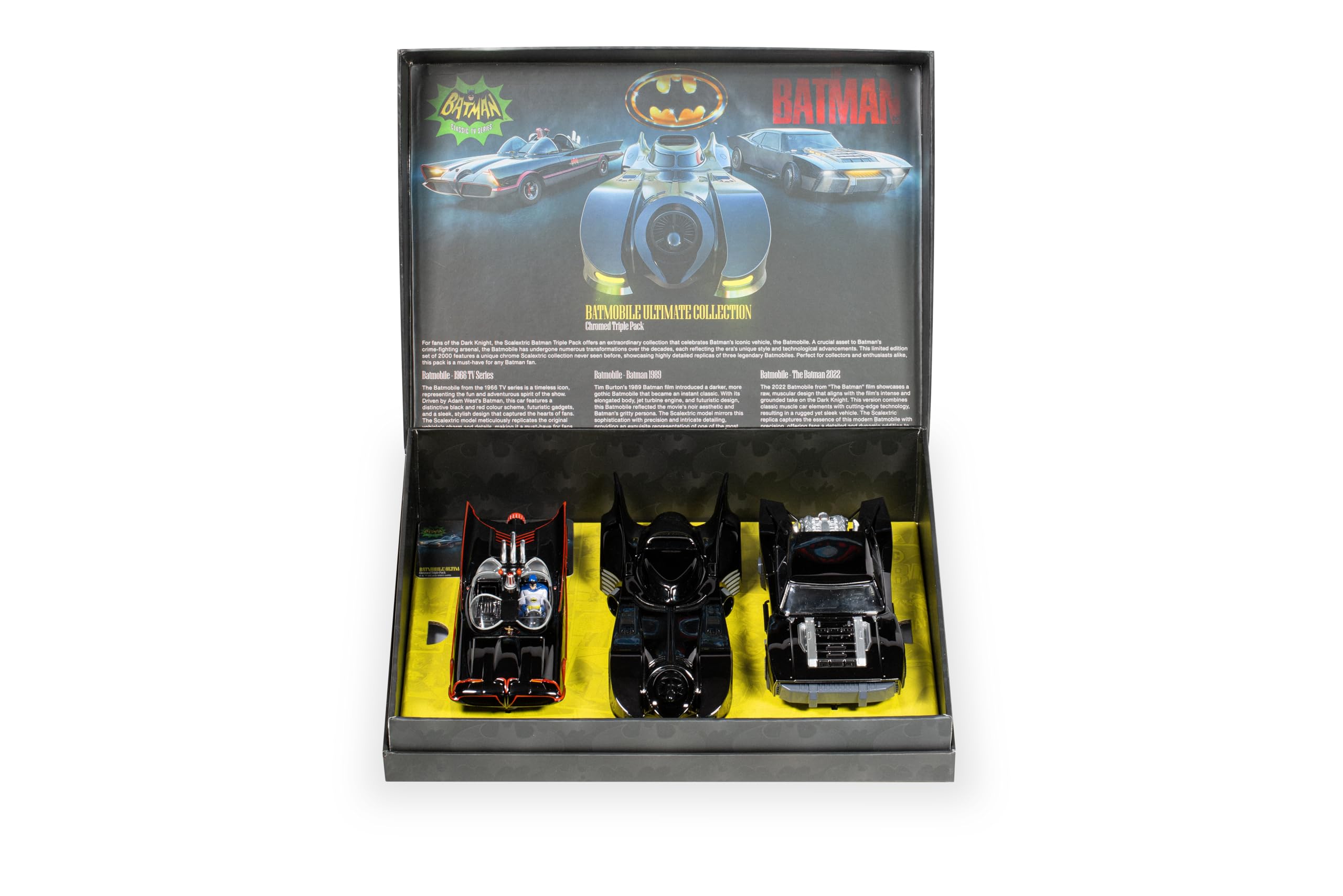 Scalextric C4575A Batmobile Ultimate Collection Chromed Triple Car Pack - 1:32 Scale Slot Cars with Chrome Finish & Spare Guide Blades, Racing Car Sets for Batman Fans & Collectors