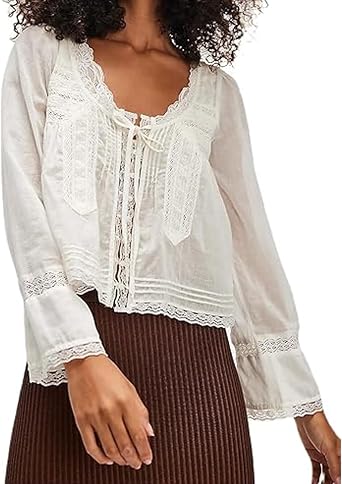 Women's Lace Tie Front Top Y2k Coquette Long Sleeve Ruffle Button Down Cardigan Shirt Going Out Flowy Peplum Tops