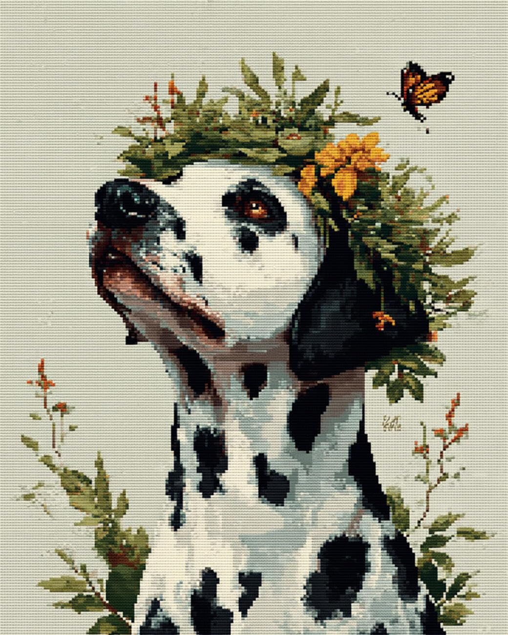 Ayaoyanggo Color Animal Crossstitch Kits For Adults Dalmatians And Flowers Diy Cross Stitch Set With Pre-Printed Embroidery Fabric，Scissors，Embroidered Thread 11Ct 30X40cm
