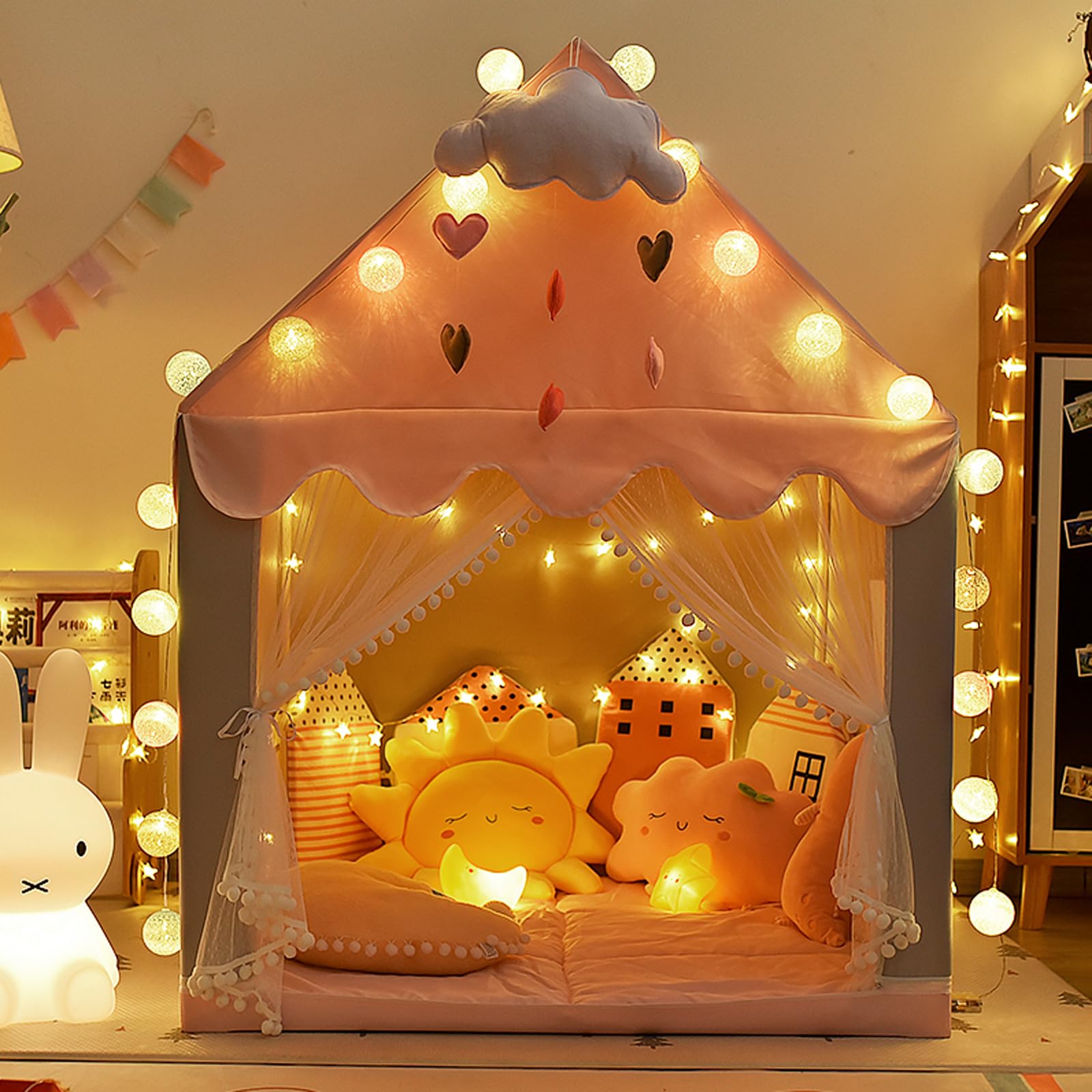 Tenda per Bambini Cameretta, Tenda Gioco Bambina Capanna per Ragazza da Interno, Casetta per Figliola‌ per Regalo di Natale (Rosa & Grigio,100×120×130cm)