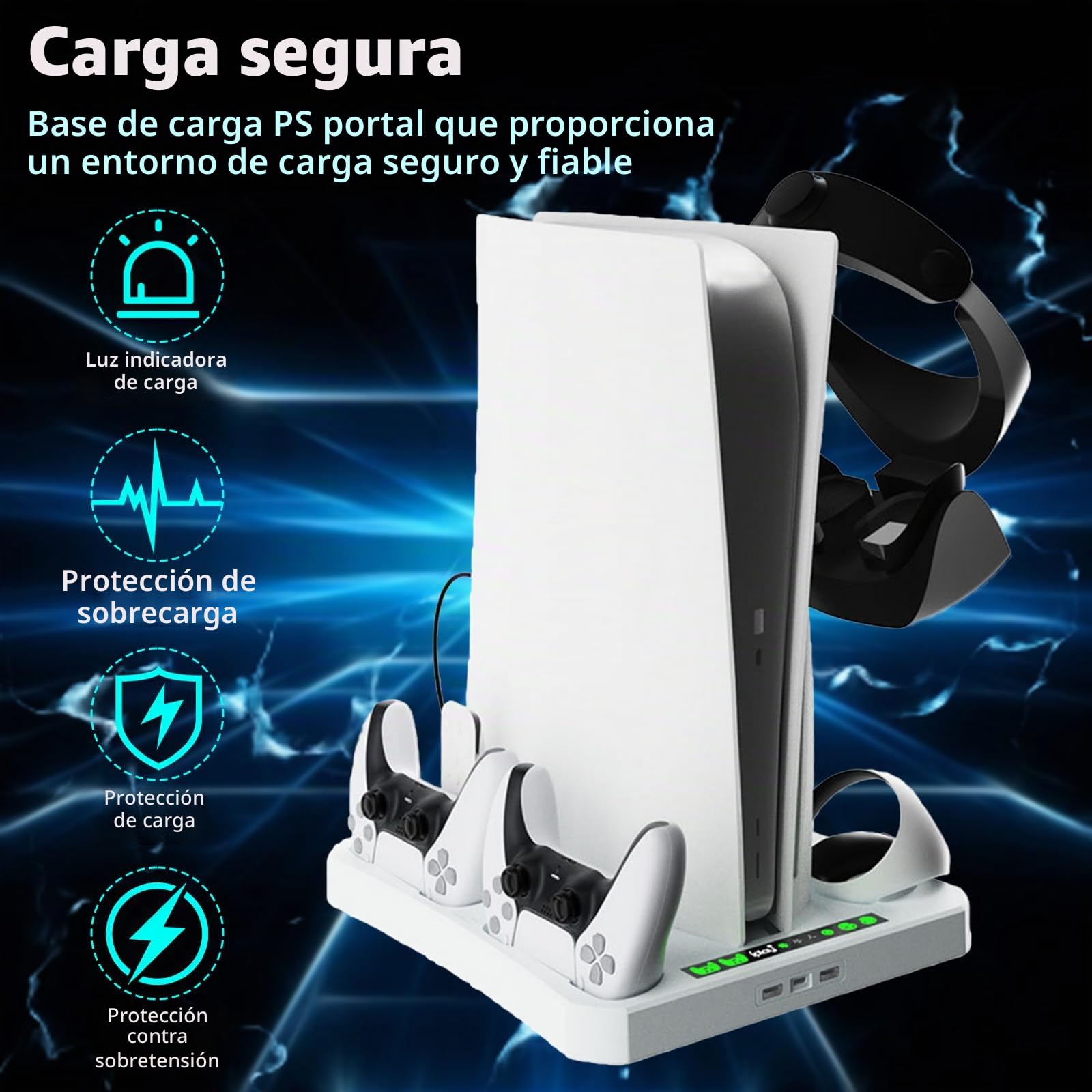 Soporte y estación de refrigeración para PS5 y PS VR2 con estación de carga de controlador, soporte 3 en 1 PS5 con 2 ventiladores de refrigeración para 5 y VR2, soporte para auriculares,
