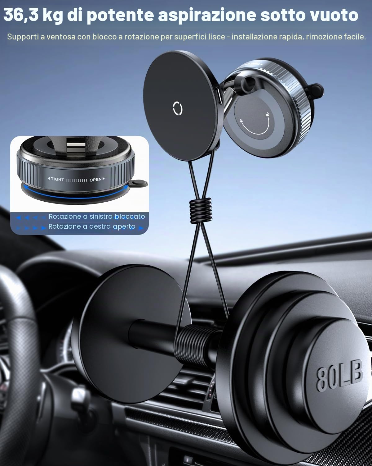 CloudValley Caricatore Wireless Auto 15W, Ricarica Rapida Senza Fili con Ventosa Super Forte, Stand Pieghevole 360°, Porta Cellulare, Supporto Telefono Magnetico per Magsafe iPhone 17 16 15 14 13 12
