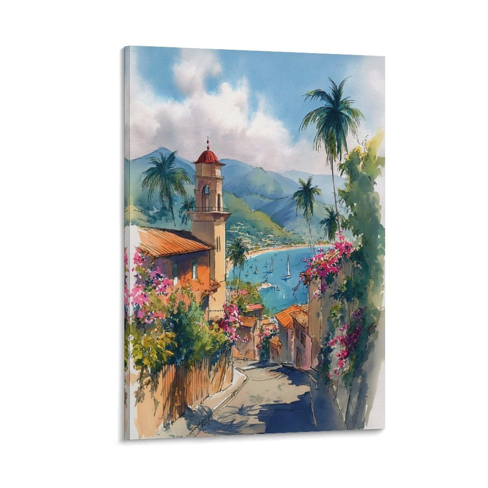LCYNNH Puerto Vallarta Watercolor 24x36inch(60x90cm) Vintage Travel Poster Watercolor Canvas Art