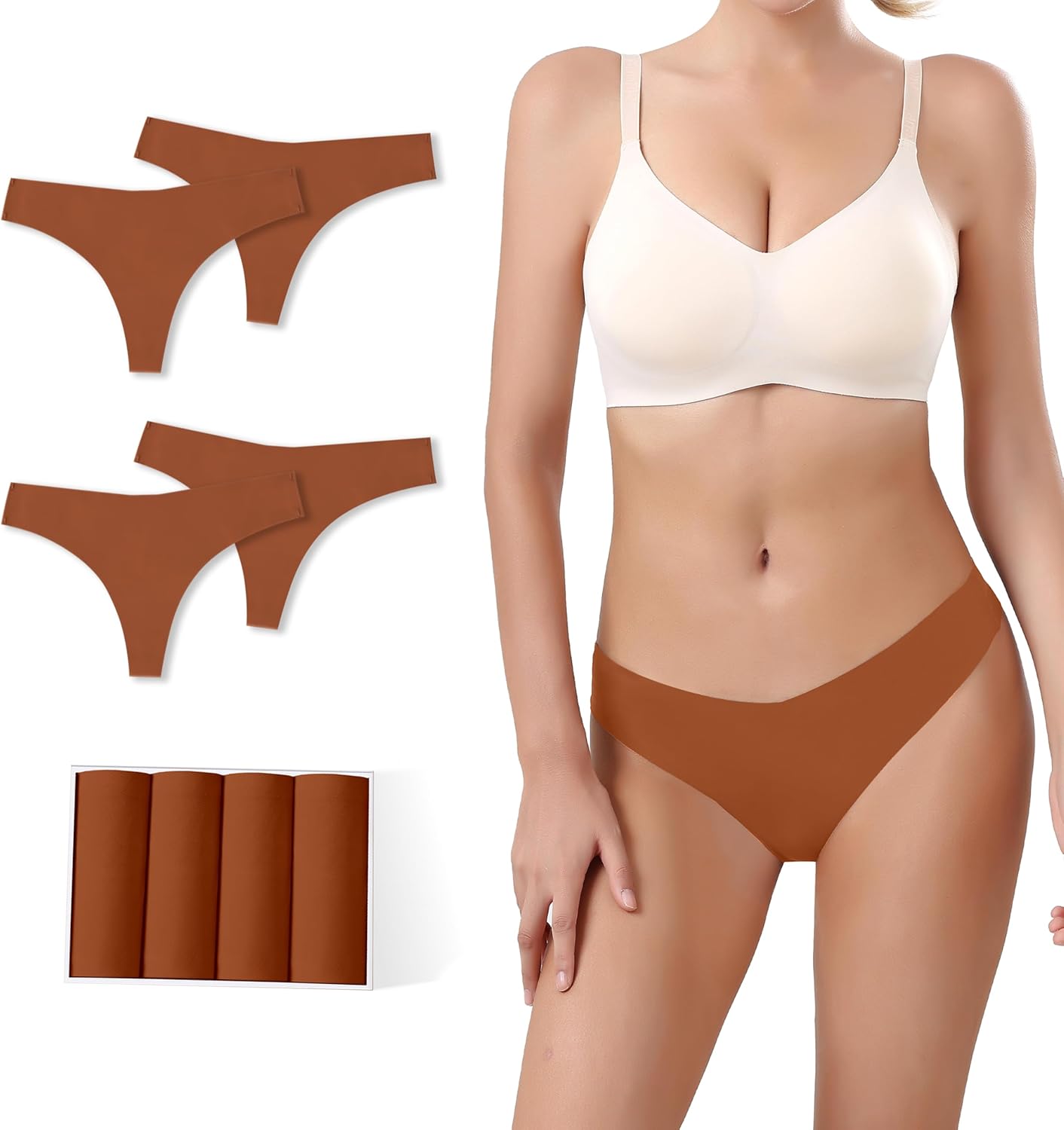 Seamless Thongs For Women V-waisted No Show Thong Seamless Panties Breathable Comfortable Underwear Womens 4-Pack.
