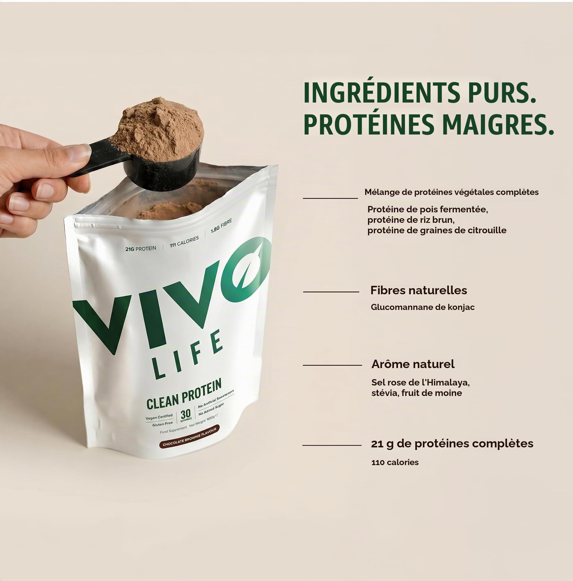 Vivo Life Vegan Protein Powder - 21 grammes de protéines végétales par portion, 30 portions (900g) - Avec du sel de l'Himalaya du Punjab Pakistan (sans saveur)