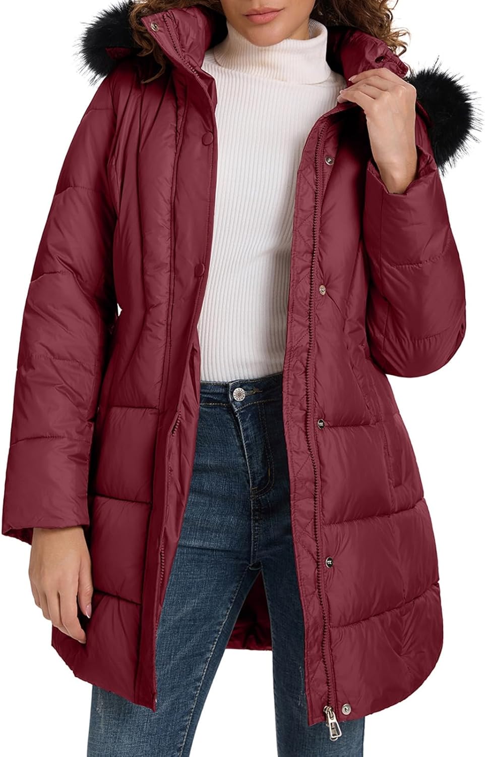 ALSOGO Women's Winter Coats Warm Mid-Length Down Jackets Outwear With Removable Fur Trim Hood - Image 3