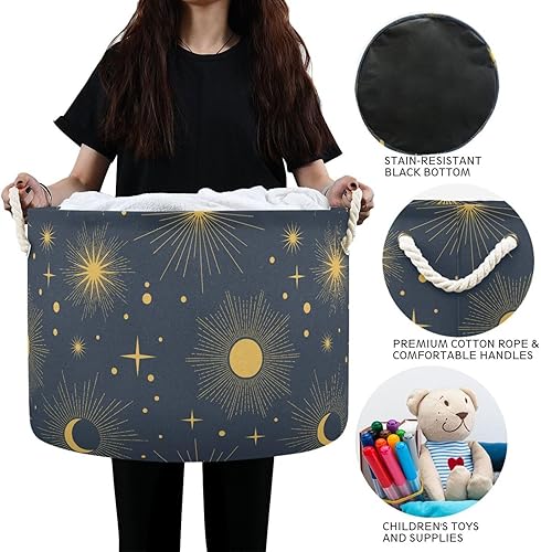 Miniatura 6 de Cesta de almacenamiento redonda grande estilo bohemio, con sol, luna, cielo estrellado, para cuarto de bebé, cesta para guardar ropa, juguetes,