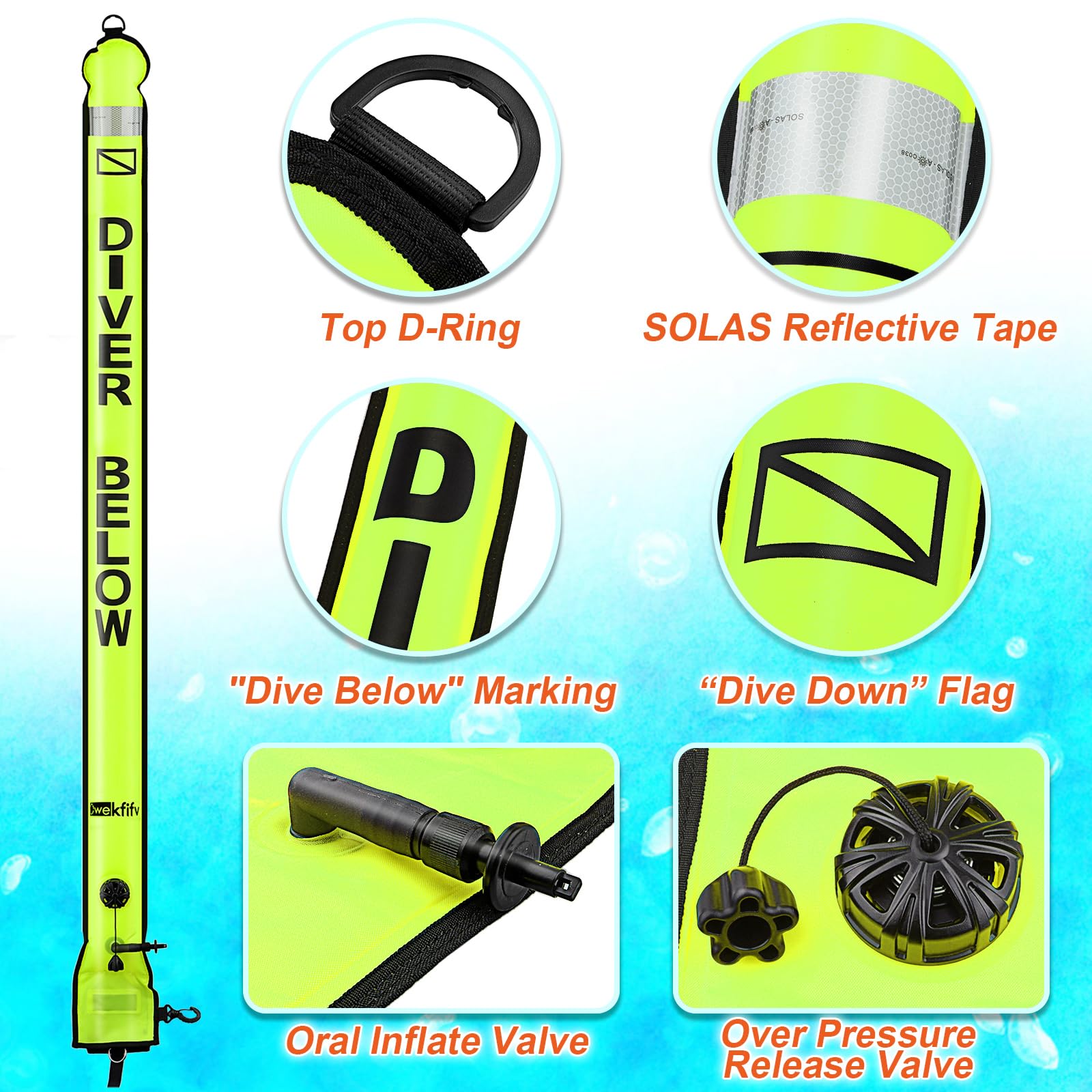 Surface Marker Boje und Tauchrolle, 1,8 m, hohe Sichtbarkeit, offener Boden, verzögerter SMB mit Spulen-Aufbewahrungstasche + 30,5 m Tauchspule und Clip